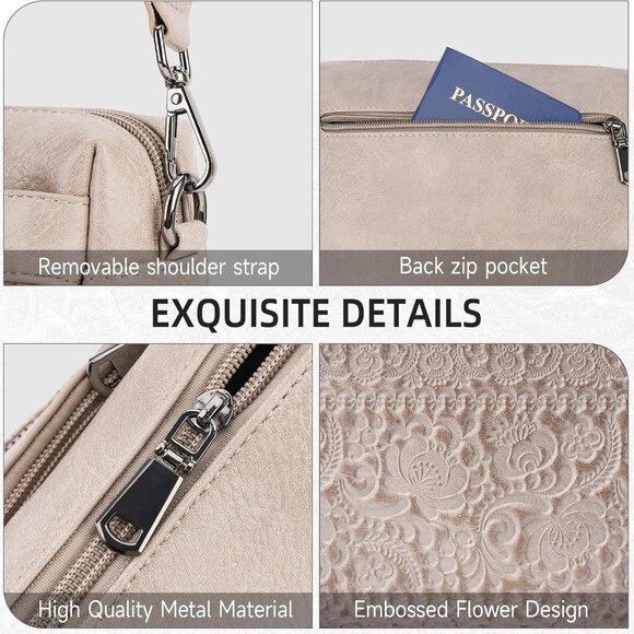 Trendy Vegan Leather Crossbody Bag with Embossed Flower Design, Multi Pocket, Li - Picture 5 of 6